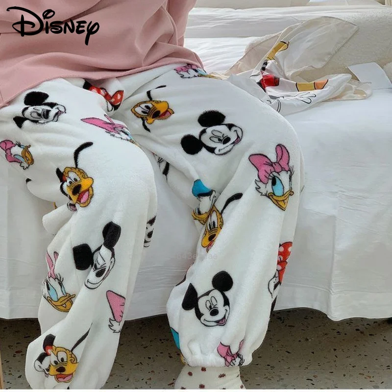 Winter Plush Warm Pajamas Pants Women Disney Mickey Mouse Home Clothes Trousers Thicked Casual Loose Fashion Pant Y2k Girl