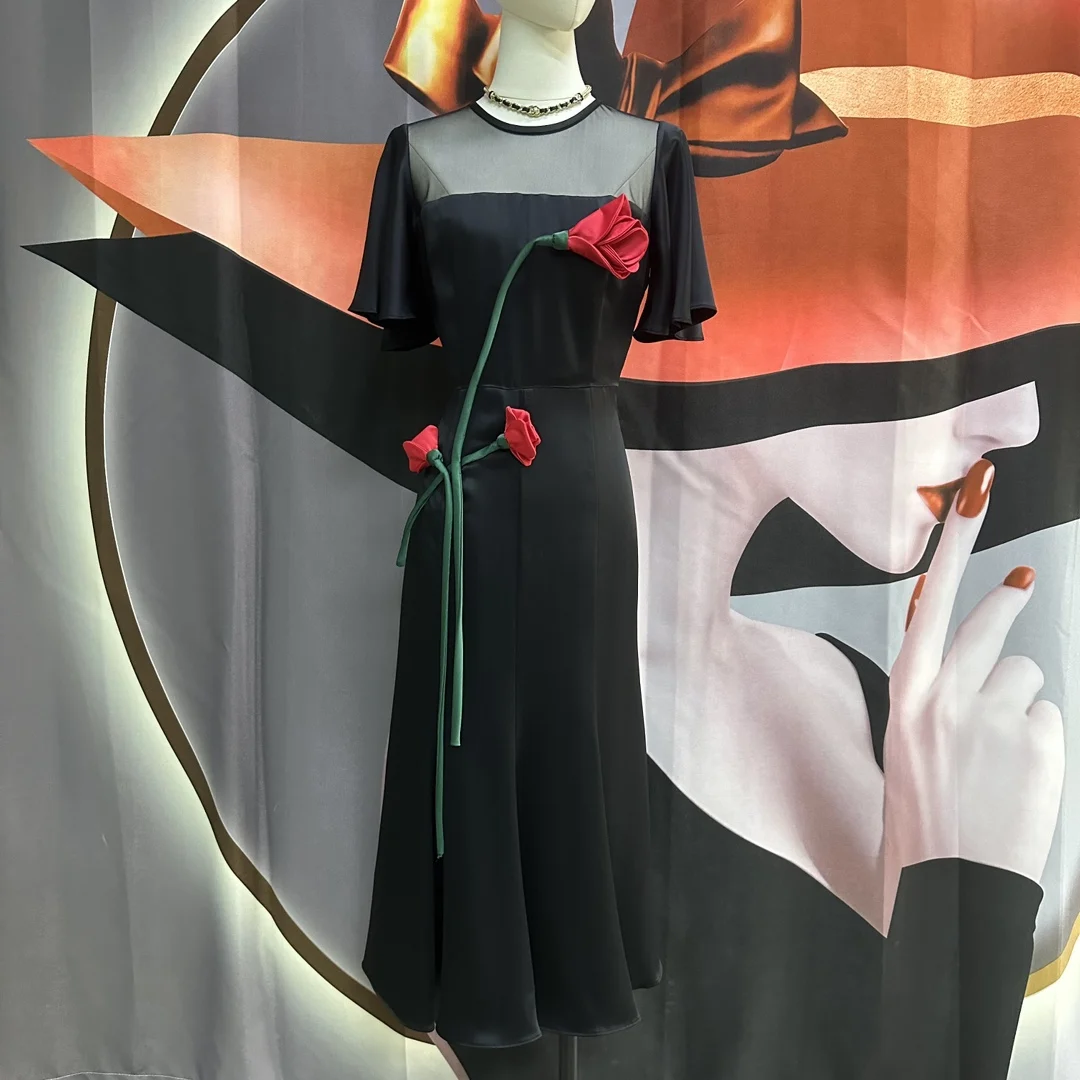

2023 Spring/Summer Handmade 3D Red Rose Acetate Batwing Sleeve Perspective Neckline Black ternpet Dress summer dress woman skirt