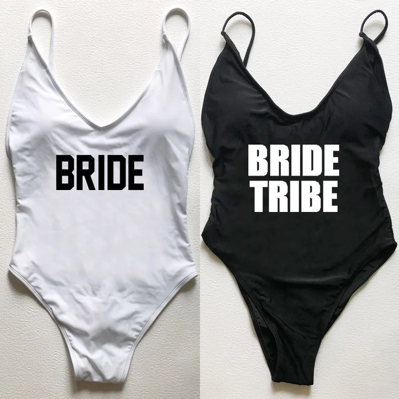 

Sexy One Piece Swimsuit BRIDE TRIBE Letter Swimwear Women Bachelor Party Bathing Suit Padded Beachwear monokini Girls Bodysuit