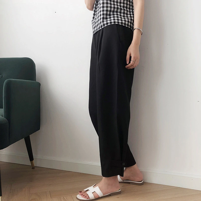 

Повседневные свободные однотонные брюки до щиколотки, женские брюки с высокой талией, на пуговицах, с широкими штанинами, весна-лето 2021, жен...