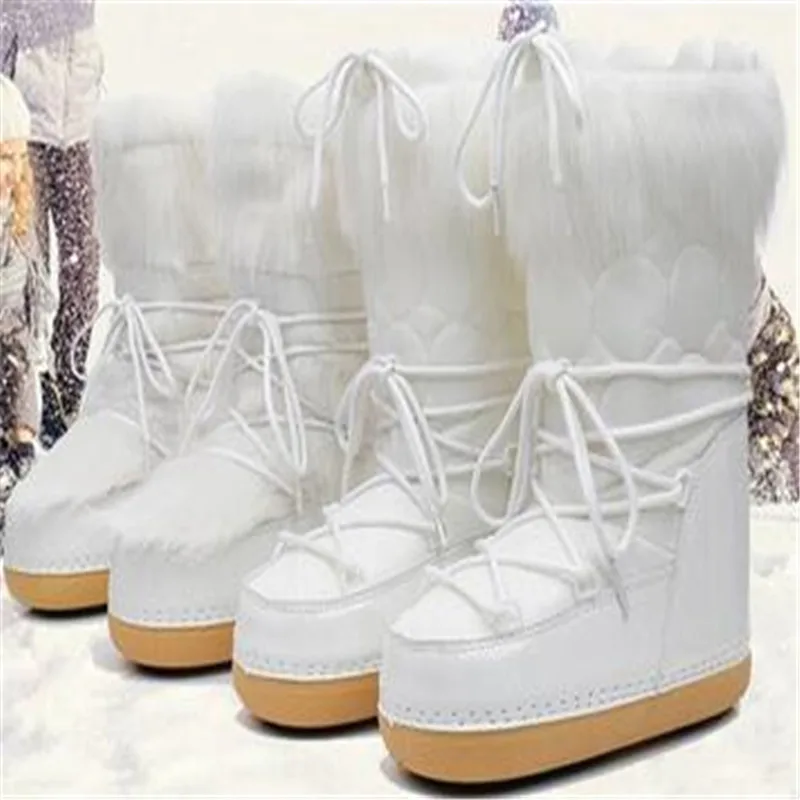 

2023 Winter Snow Boots Women Ski Boots Fluffy Hairy Lace Up Middle Calf Platform Flat With White Ski Boots