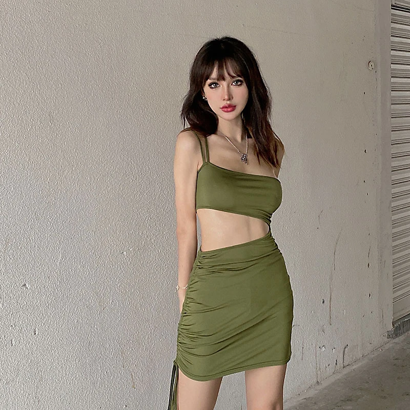 

Kayotuas Women Pencil Dress One Shoulder Hollow Out Backless Summer Boho Beachdress Korean Fashion Streetwear Bodycon Ladies