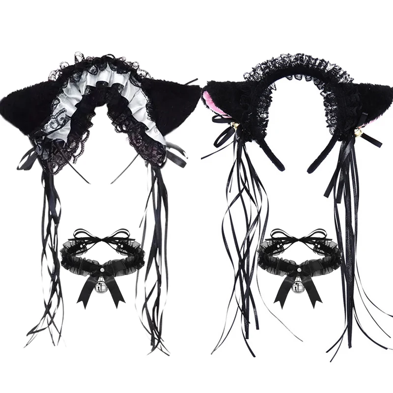 

1Set Lolita Kawaii Maid Hairband Women Girls Ruffles Lace Hair Band Cat Ears Ribbon Bell Headband Cosplay Party Hair Accessories