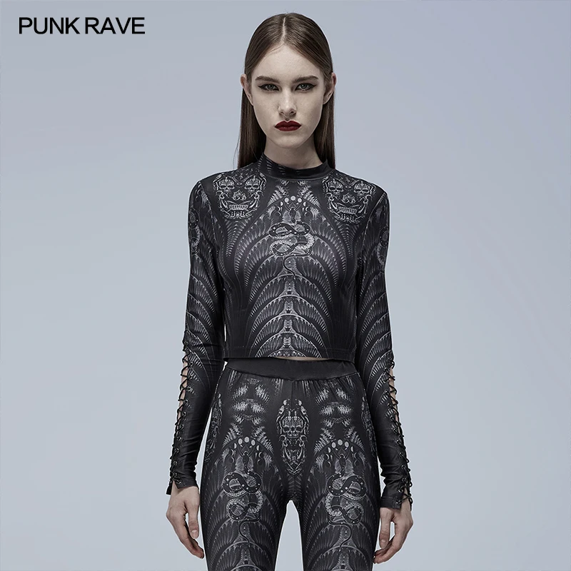 

PUNK RAVE Women's Gothic Skeleton Print Mesh Slim Sexy T-shirt Punk Rock Snake Pattern Dark Thin Section Short Tops