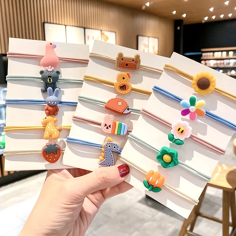 

5Pcs Cute Soft Plastic Cartoon Fruit Animal Flower Charms Hair Ring Little Girl Tie Hair Rubber Band Hair Rope Small Headrope