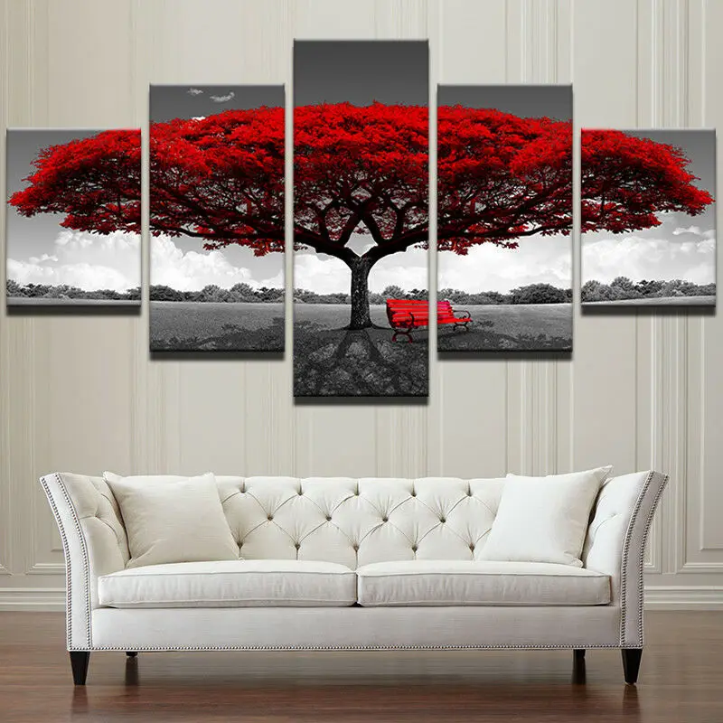 

Пейзаж с красным деревом, пейзаж, холст, искусство, картина, домашний декор, 5 панелей, настенный постер без рамки, 5 шт., декор комнаты