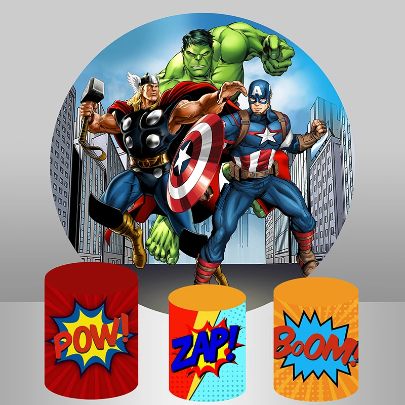 

Superhero Avengers Circle Cover Child Birthday Background Spiderman Hulk Iron Man Captain America Round Cylinder Cover Prop