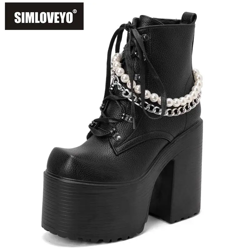 

SIMLOVEYO Ladies Ankle Boots Square Toe Chunky High Heels 14cm Platform Hill 8cm Zipper Lace Up Chain Beads Big Size 43 44 Punk