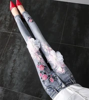 spring stretch slim women pencil jeans mid waist floral embroidered casual denim pants skinny jeans