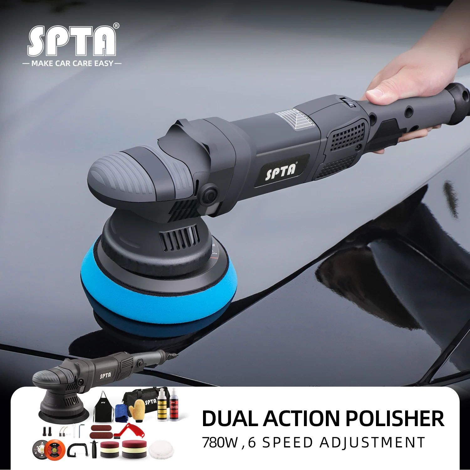 SPTA 5 Inch 780W Car Auto Dual Action Polisher Orbit 15mm Polishing Machine Pulidora Para Automovil with Sponge Pads Accessories
