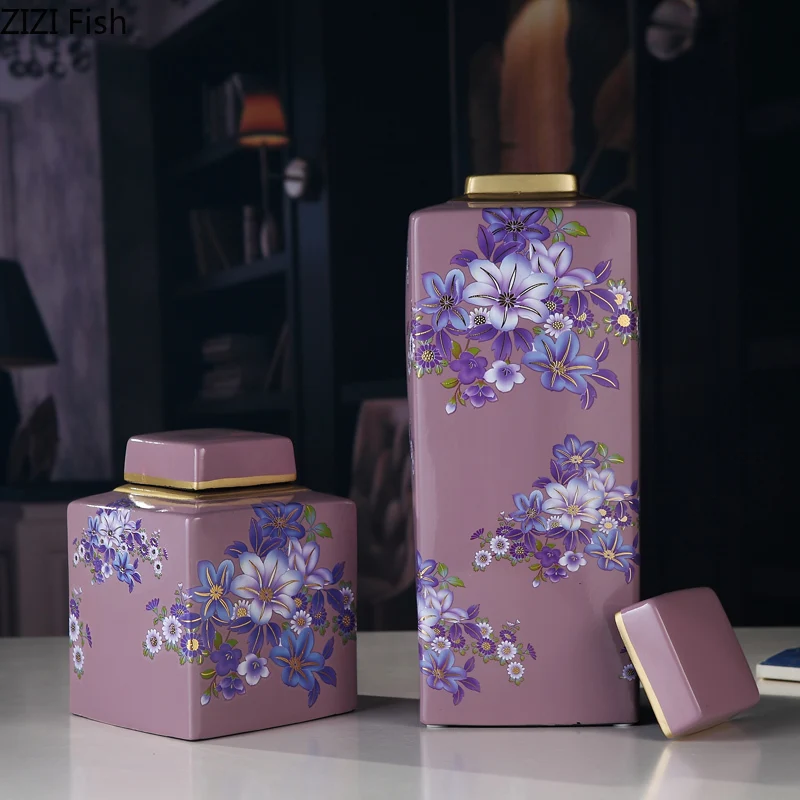 

Purple Iris Flower Painted Ceramic Vase Storage Jars with Lids Desk Decoration Tea Caddy Sugar Jar Porcelain Flower Arrangement