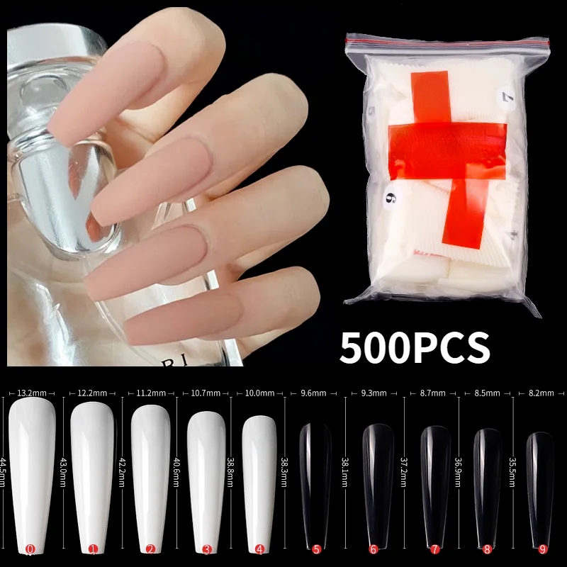 

500Pcs LongNail Tips Acrylic Full Cover Ballerina Fake Artificial Nails for Salons DIY 10 Sizes Clear Ballet False Nail