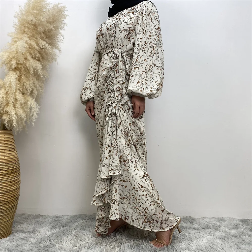 2023 Summer Fashion Elegant Muslim Floral Dress Round Neck Drawstring Print Long Sleeve Holiday Dress Robe Elegante Femme Kaftan