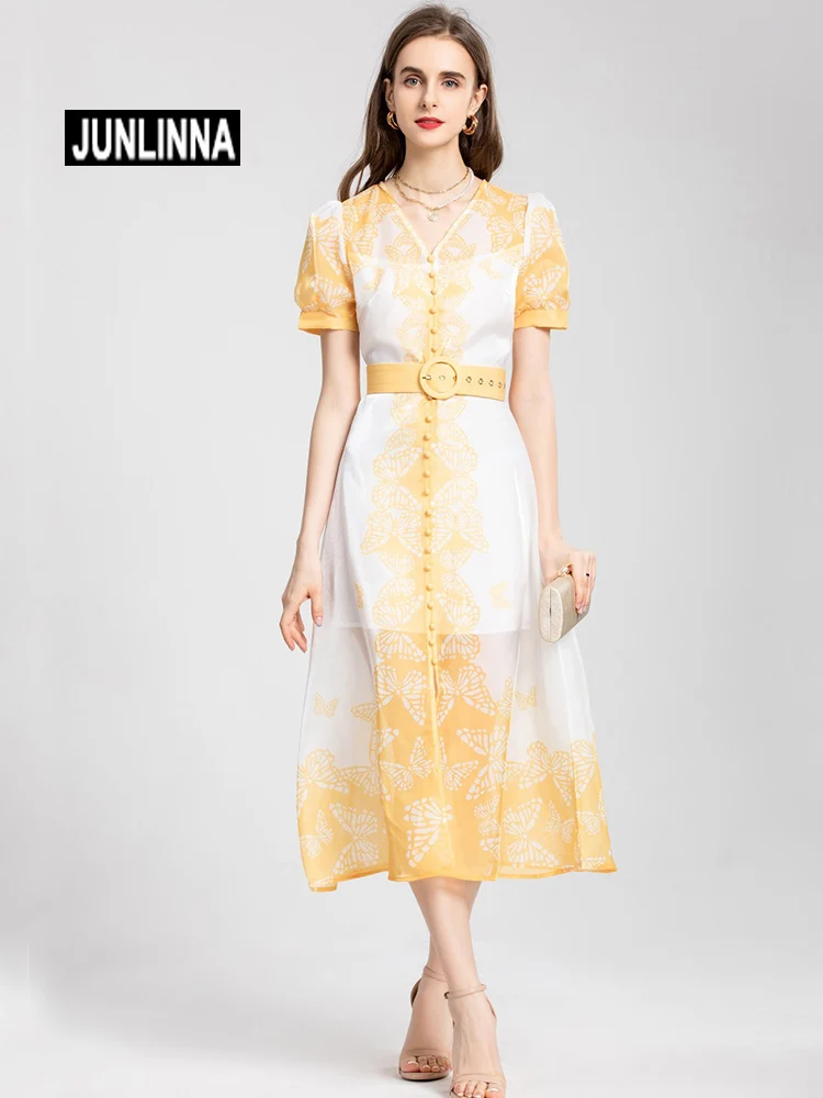 

Женское Сетчатое платье с принтом JUNLINNA, элегантное приталенное платье средней длины с V-образным вырезом, коротким рукавом и поясом, лето 2019