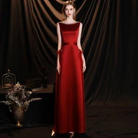 burgundy satin celebrity dress sequin beading elegant a line o neck sleeveless formal banquet wedding prom party guests gown new