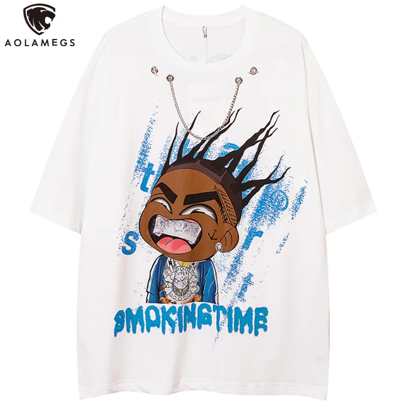 

Aolamegs Мужская футболка большого размера с принтом в стиле хип-хоп для мальчиков, модные футболки с короткими рукавами и цепочкой, летняя улич...