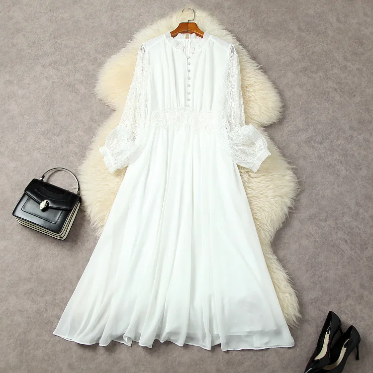 European and American women's clothes 2023 spring new Lace sequin long sleeves fashion White pleated dress