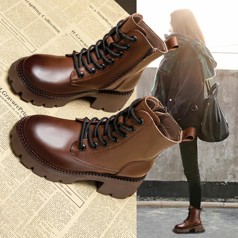 

Женские кожаные ботинки, Нескользящие дышащие ботинки на платформе