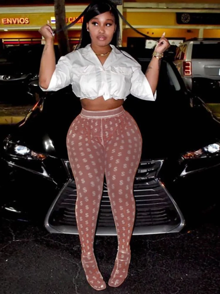 

2021 Women's Hot Sexy Gauze Perspective US Dollars Printing High Waist Streetwear Casual Pants Skinny Color Contrast Leggings