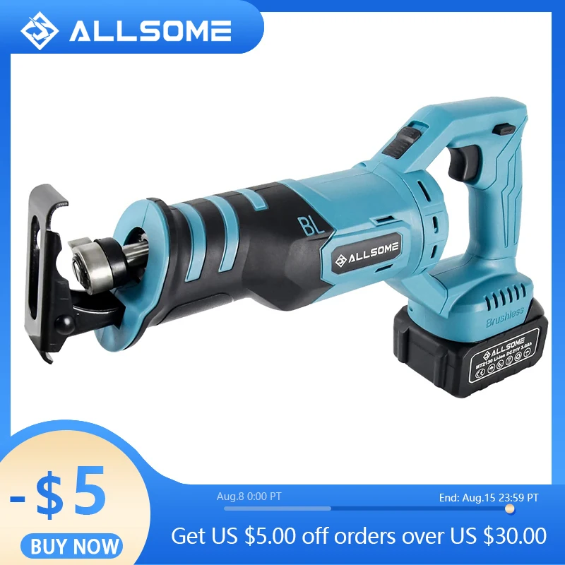 Allsome 21v Беспроводная сабельная пила с 3 лезвиями для пилы, дерева/металла/ПВХ, электрическая пила для резки свай
