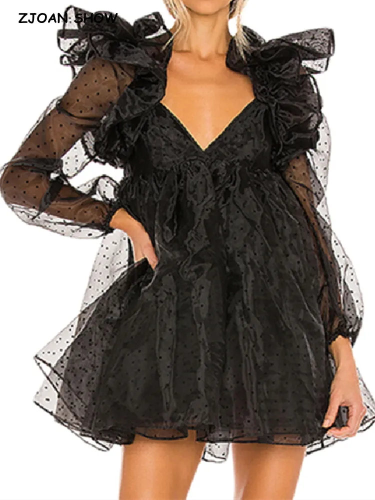 

2022 Summer Princess Black Mesh Ball Gown Dress Ruffles Puff Sleeve Retro Women Swing Short Dresses Sweet A line Robe Vestidos