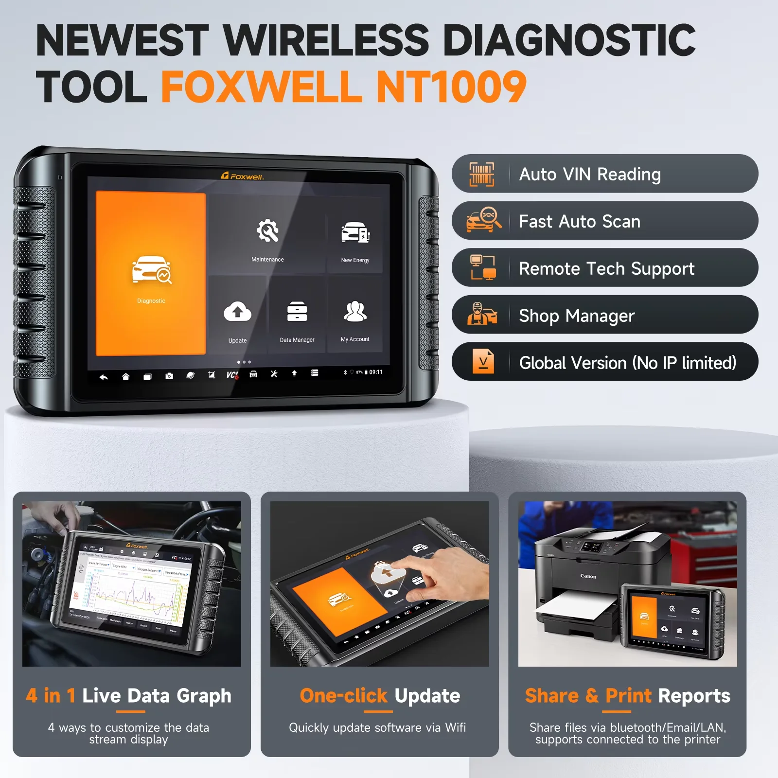 Диагностический сканер FOXWELL NT1009 BT OBD2 с картой топологии 2026, 36+ функциями сброса, кодированием ЭБУ, двунаправленной связью CAN FD и DoIP, полная диагностика всех систем (art.: 3920daee022be) - 3920daee022be