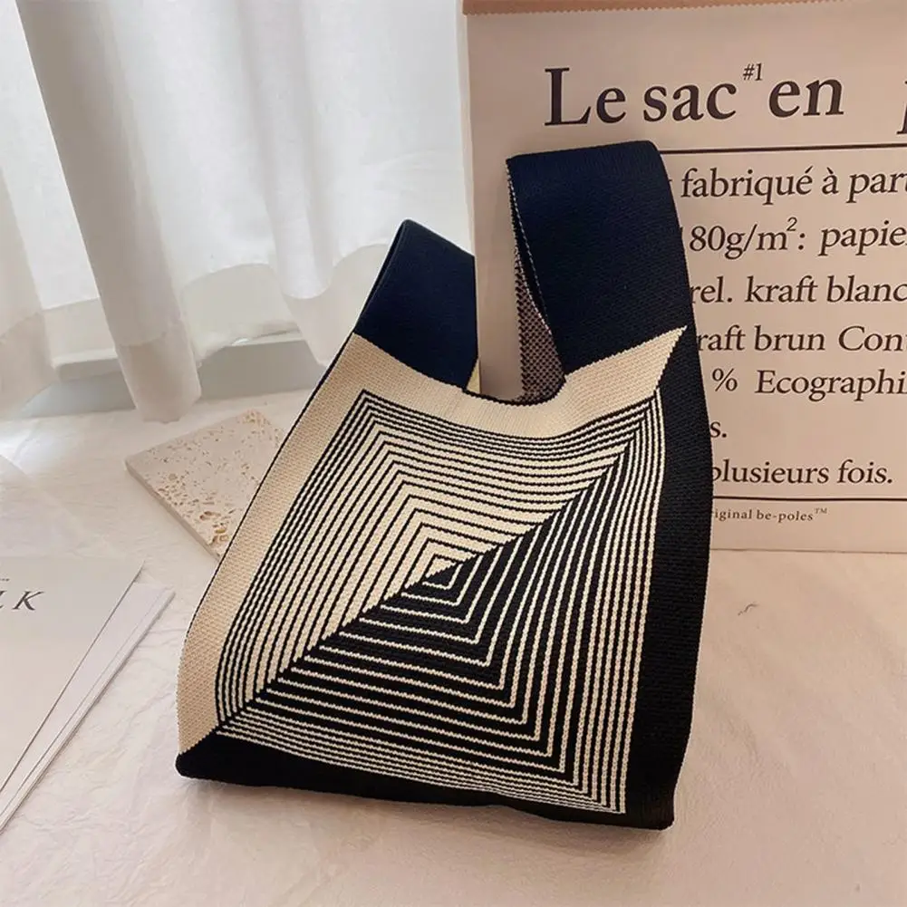 

Spacious Women Storage Bag Striped Knitted Handbag Large Capacity Underarm Bag with Inner Cellphone Pocket Women Handbag