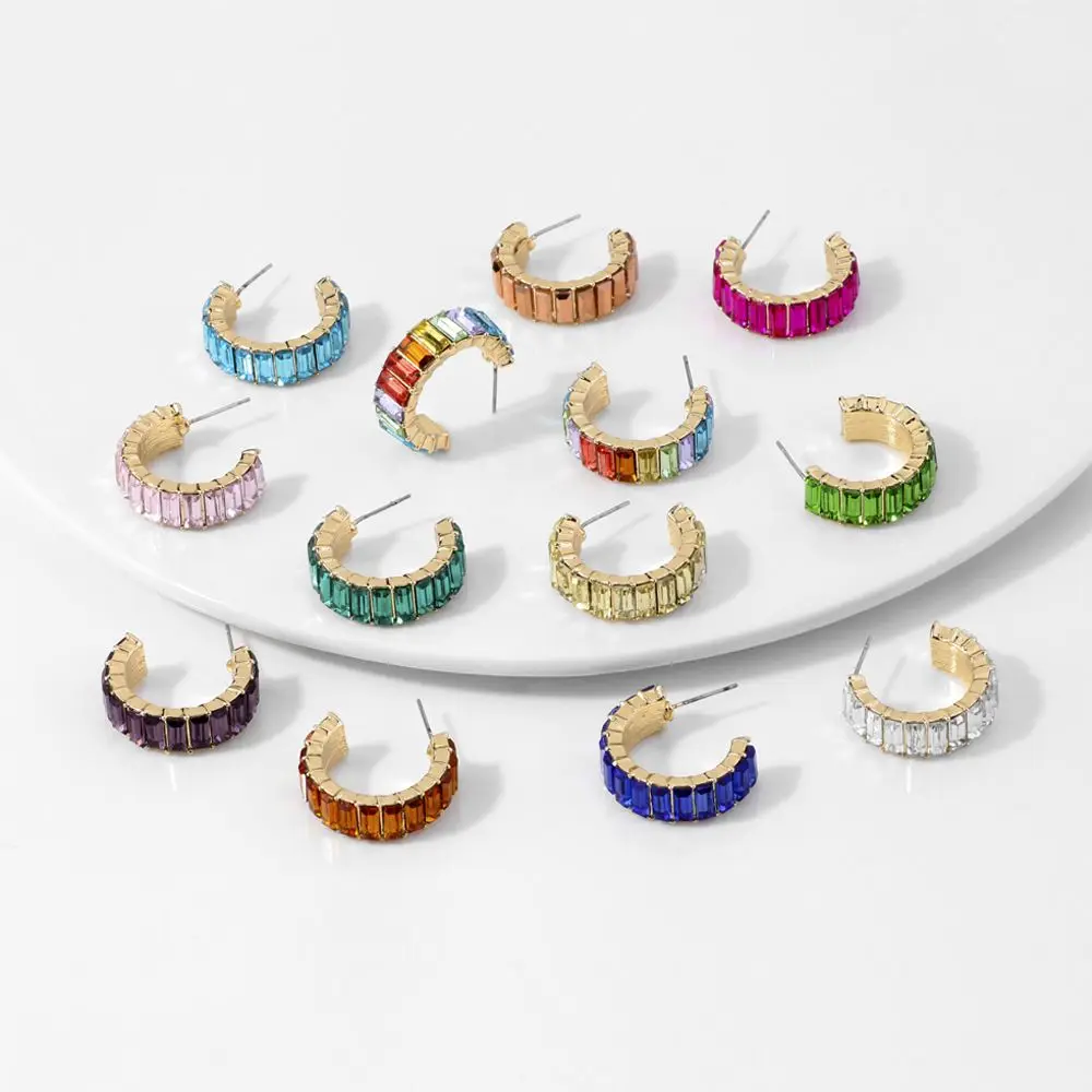 

Lady Fashion Multi-Color Crystal Glass C Cuff Stud Earrings Girl Women's Geometric Earrings Wedding Party Jewelry Wholesale