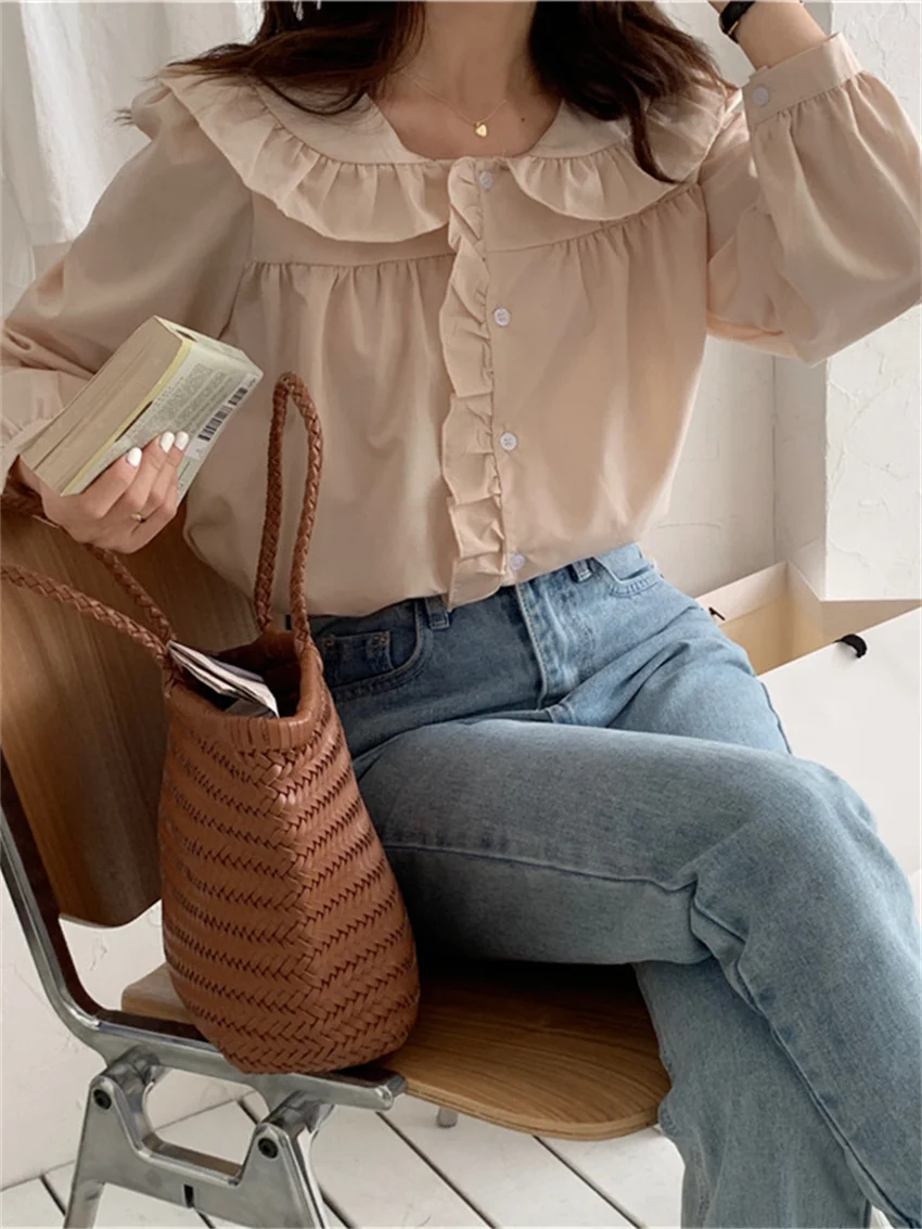 

HziriP Gentle Lady Women Shirts Peter Pan Collar Loose Sweet Solid Full Sleeves 2022 Hot Chic Office Wear Casual New Blouses