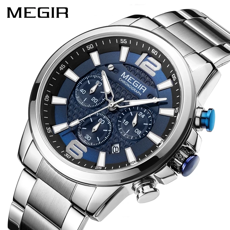 

MEGIR männer Quarz Armbanduhr Edelstahl Band Chronograph Uhren Leucht Wasserdichte Armbanduhren