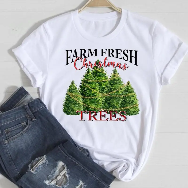 

Женские футболки с рисунком новогодней елки, милые рождественские Модные футболки с мультяшным рисунком, праздничный Топ, футболка с графи...