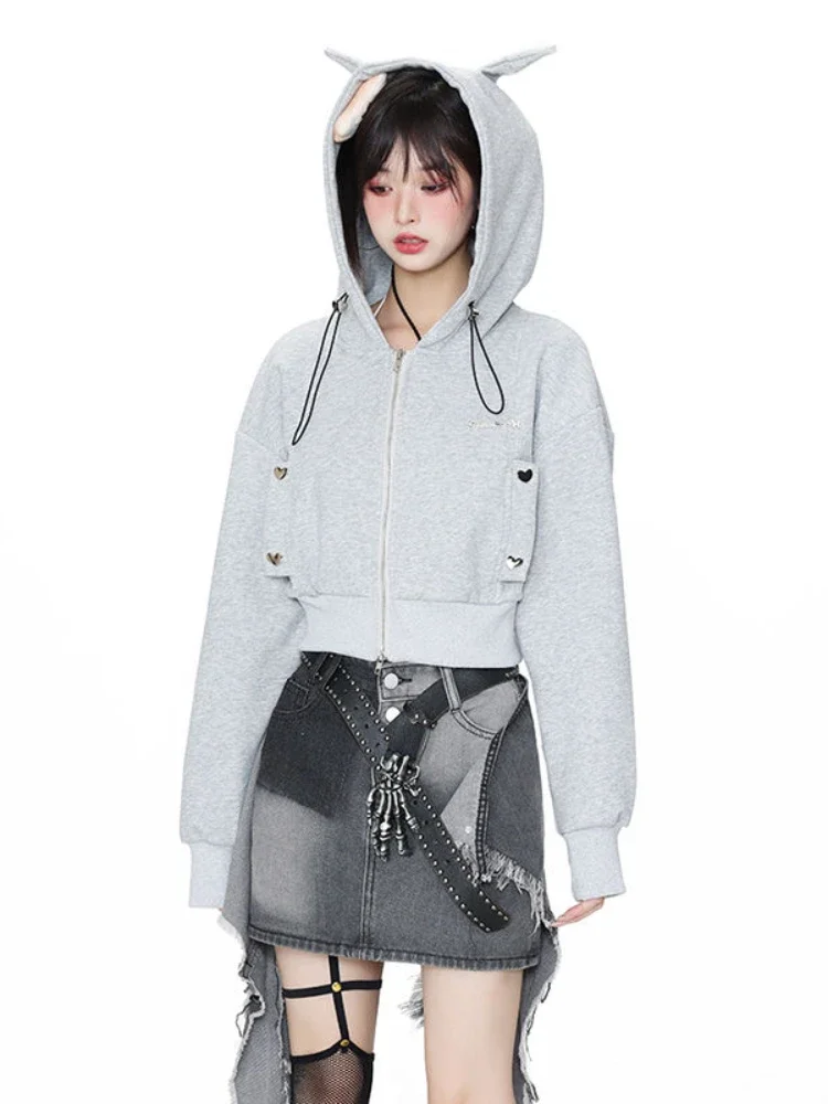 

ADAgirl Kawaii Devil Horns Hoodies Women Zip Up Cropped Sweatshirt Gothic Style Slim Outfits Design Aesthetics K Pop Clothes Emo