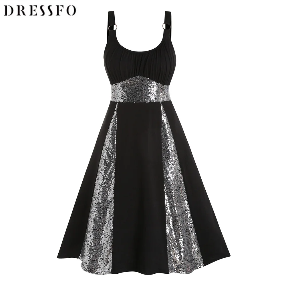 

Dressfo Women Dresses Sparkly Sequins Party Dress Ruched Bust Empire Waist Dress O Ring Straps Godet Casual A Line Dress