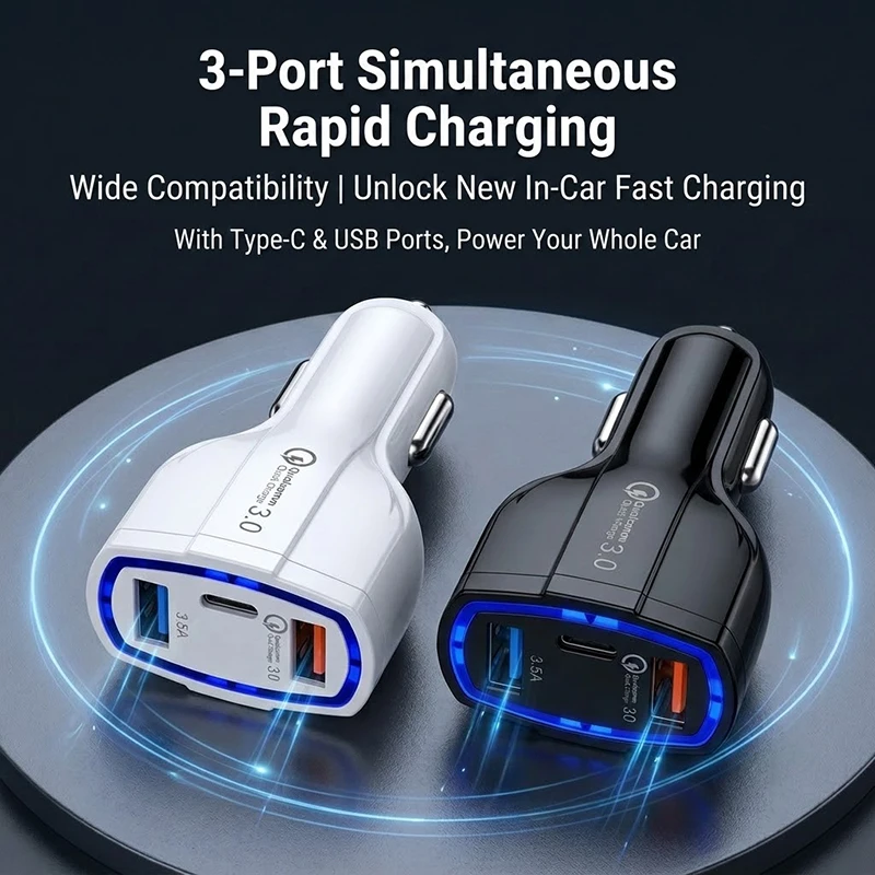 Фото Автомобильное зарядное устройство с быстрой зарядкой, 3 порта, QC 3.0, 7А, высокая мощность, Type-C USB, для телефона, с интеллектуальным чипом, 12В-32В, универсальное №4