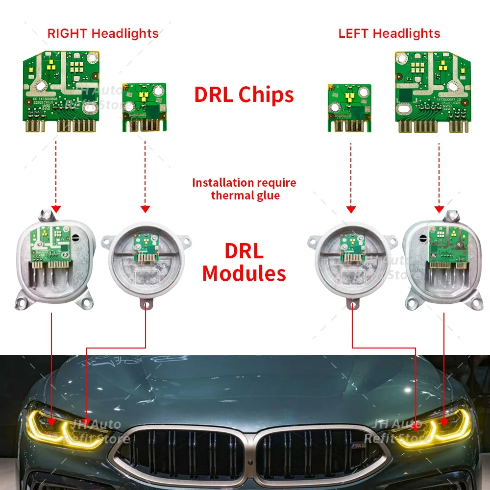 Фото Для BMW 8 серии G14 G15 G16 M8 F91 F92 F93 840i: Желтые, синие, красные светодиодные платы Angel Eyes DRL для фар, чипы для дневных ходовых огней №2