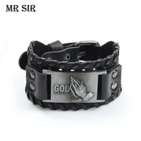 leather bracelet god bless me vintage trendy wristband punk rope wrap bangle for men women casual party accessories jewelry gift
