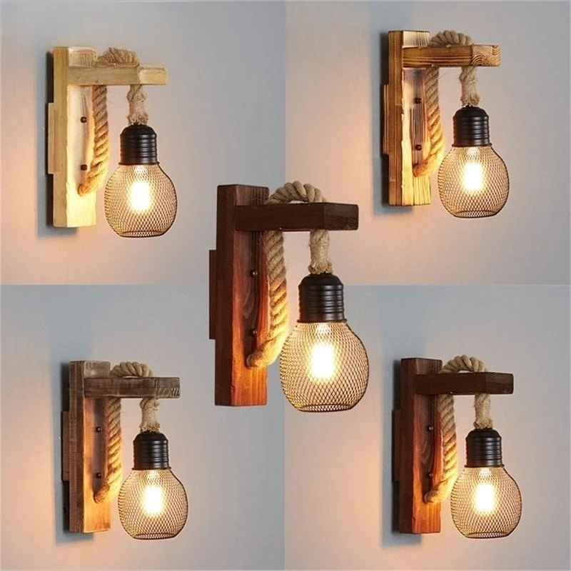 

Classical Sconces Wood Design Wall Lights Loft Retro Creative LED Lamps Fixtures Decorative for Home Bar Restaurant Wall Lamp