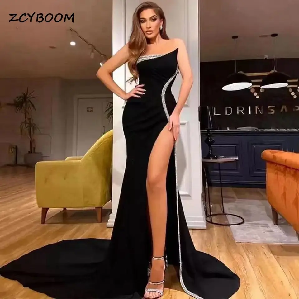 

Luxury Black Mermaid Strapless Formal Evening Dresses 2023 Side Slit Glitter Sequined Party Pageant Prom Gowns Robes De Soirée