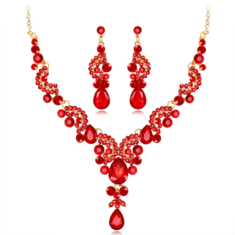 

Fashion Artificial Rhinestone Pendant Necklace Earring Set Ladies Luxury Wedding Jewelry Waterdrop Necklace Accessories