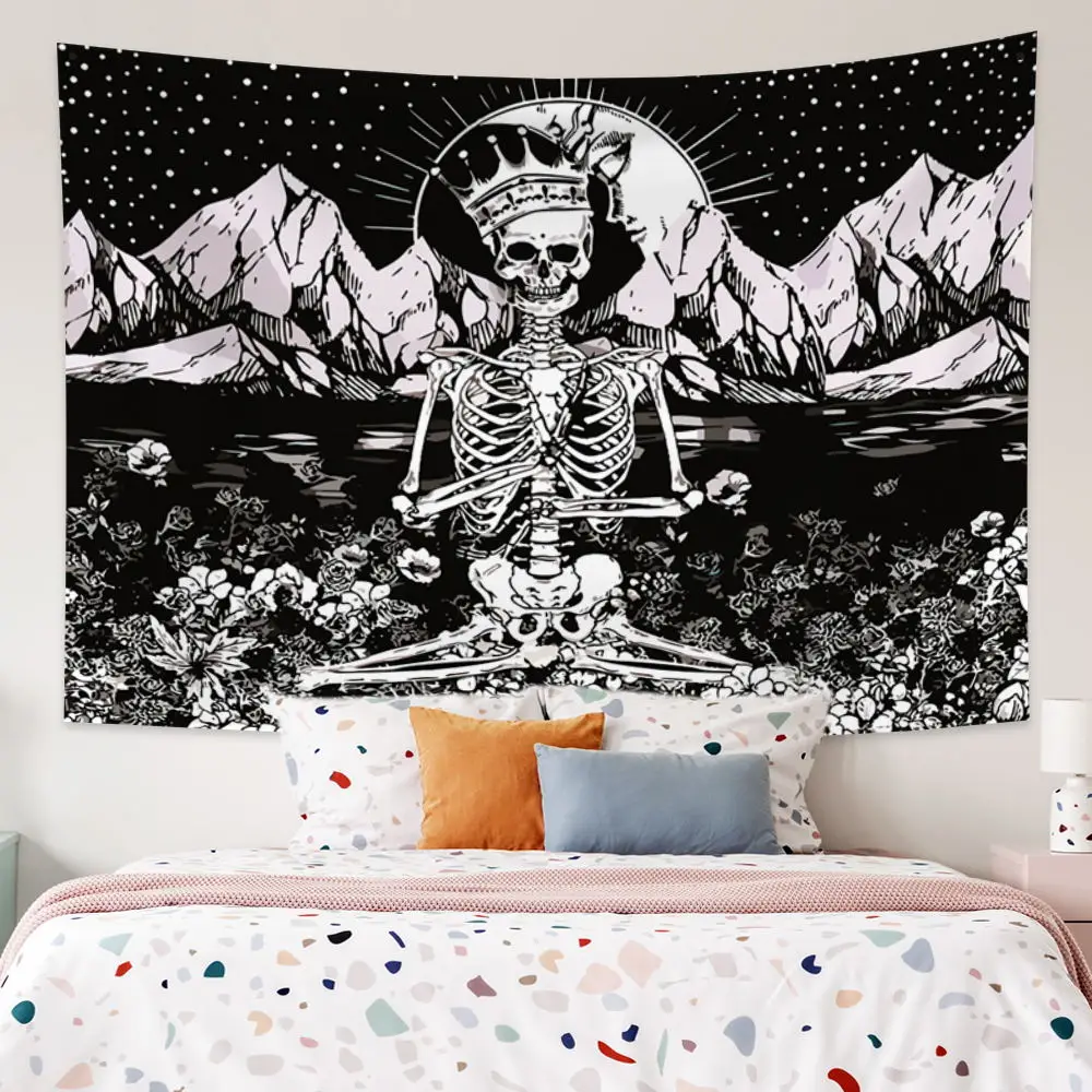 

Skull Moon Skeleton Black Tapestry Wall Hanging Mountain Witchcraft Hippie Mandala Psychedelic Wall Carpet Home Decor Tapestries