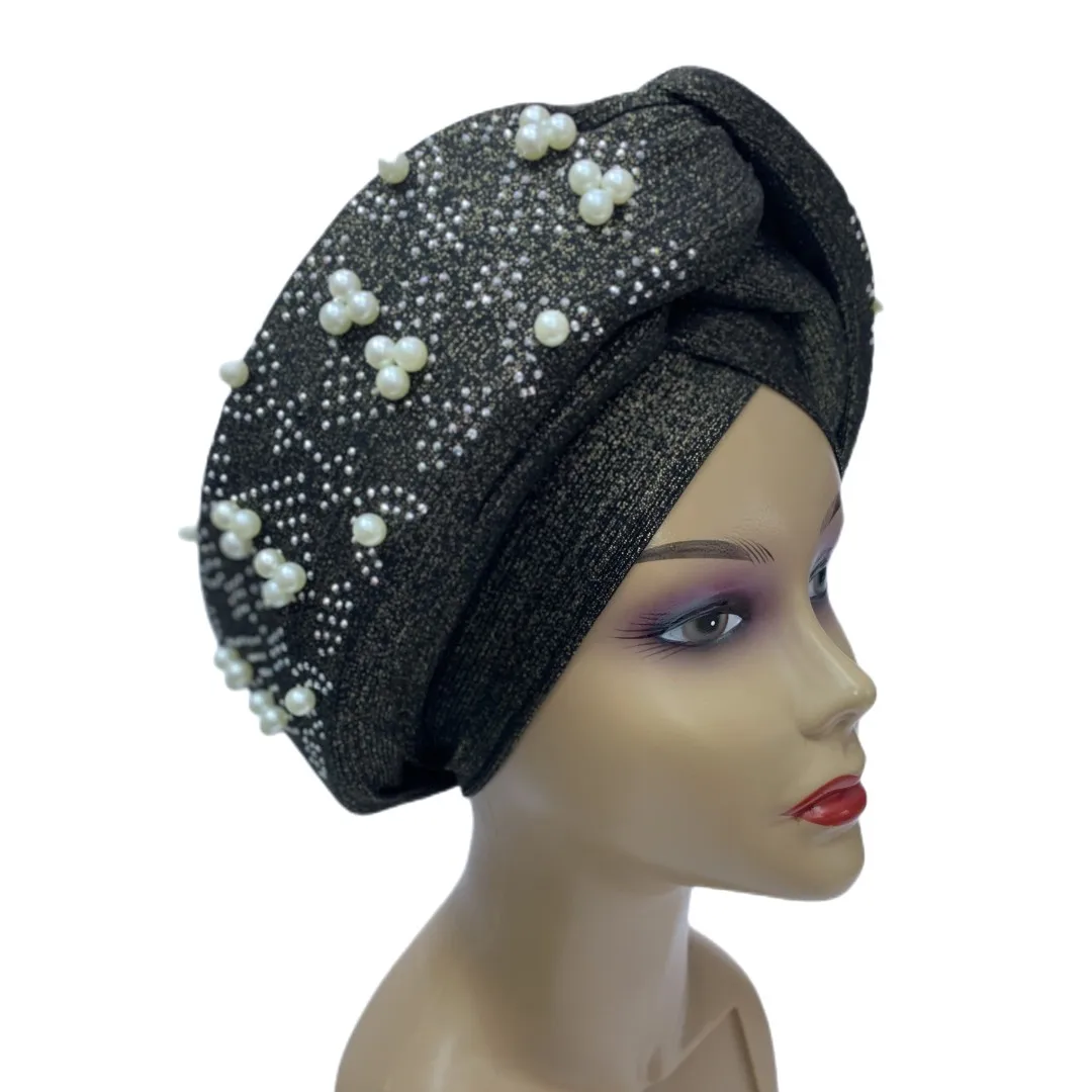 

African Auto Gele Headtie With Pearls Party Women's Turban Cap Nigerian Bonnets Muslim Head Wraps Bonnet Turbante Mujer Newest