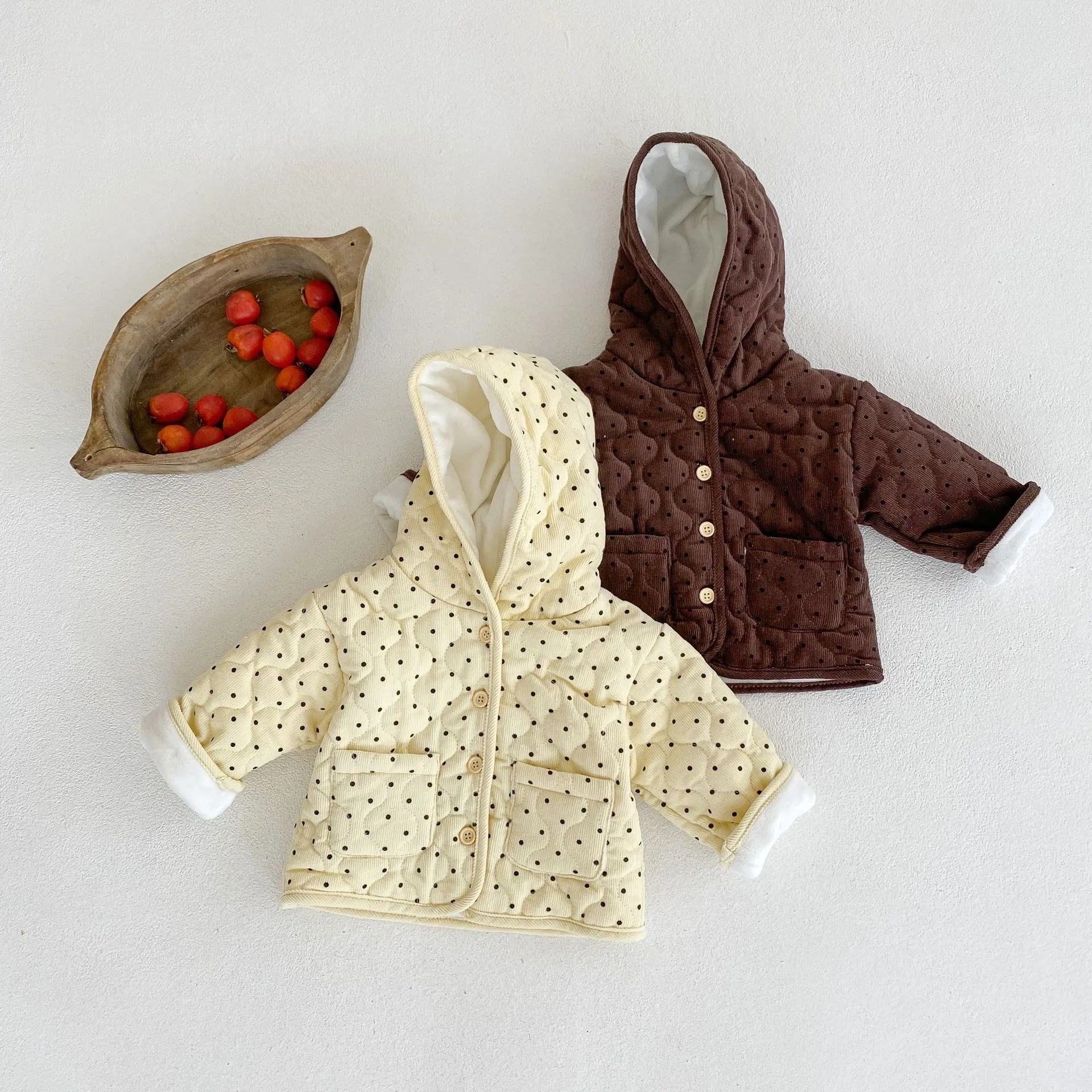 Winter Clothes New Boys And Girls Baby Infant Cotton Jacket Thickened Long-sleeved Polka Dot Corduroy Cardigan Hooded Jacket New