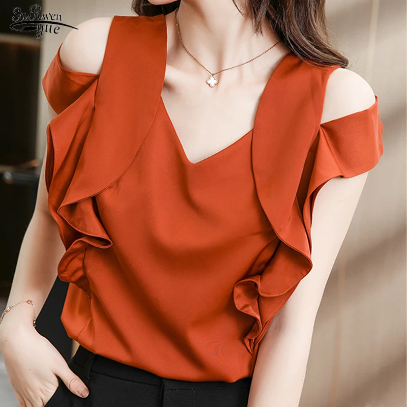 

Elegant Fly Short Sleeve Solid Loose Shirt Temperament Simple Strapless Clothes Casual Ruffle V-Neck Mulberry Silk Blouse 20792