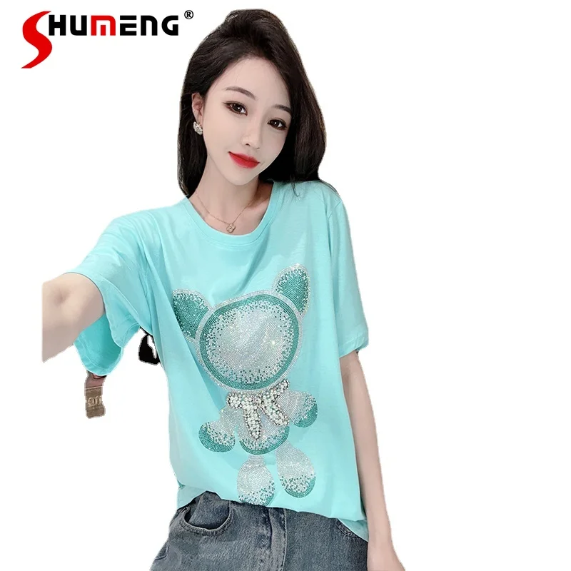 

2022 Summer New Slimming Cotton Heavy Work T-shirt Women's Short Sleeve Design Loose Tees Hot Rhinestone Anti-Aging Top