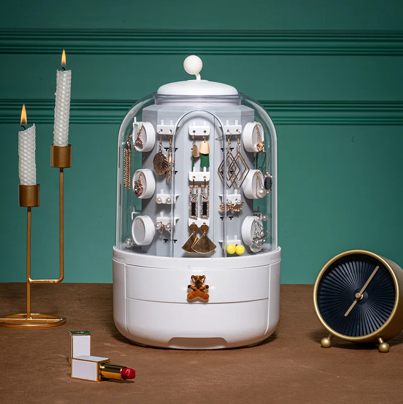 

Вращающийся на 360 градусов Органайзер для ювелирных изделий, коробка для хранения косметики, прозрачный органайзер для демонстрации сережек и ожерелий, Настольный органайзер для косметики для женщин
