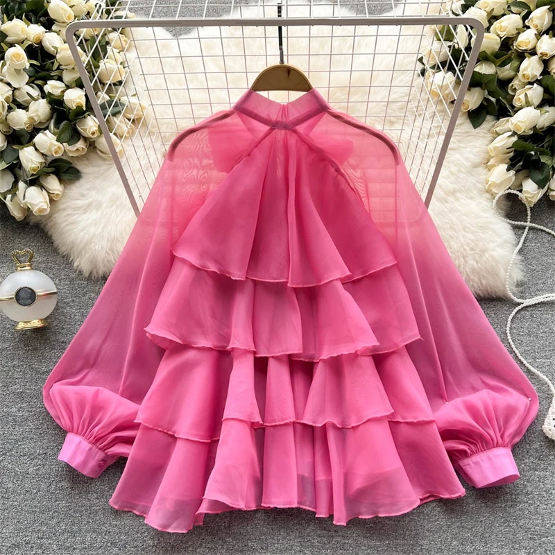 DEAT женская шифоновая рубашка с бантом тонкая оборками новый стиль длинный рукав