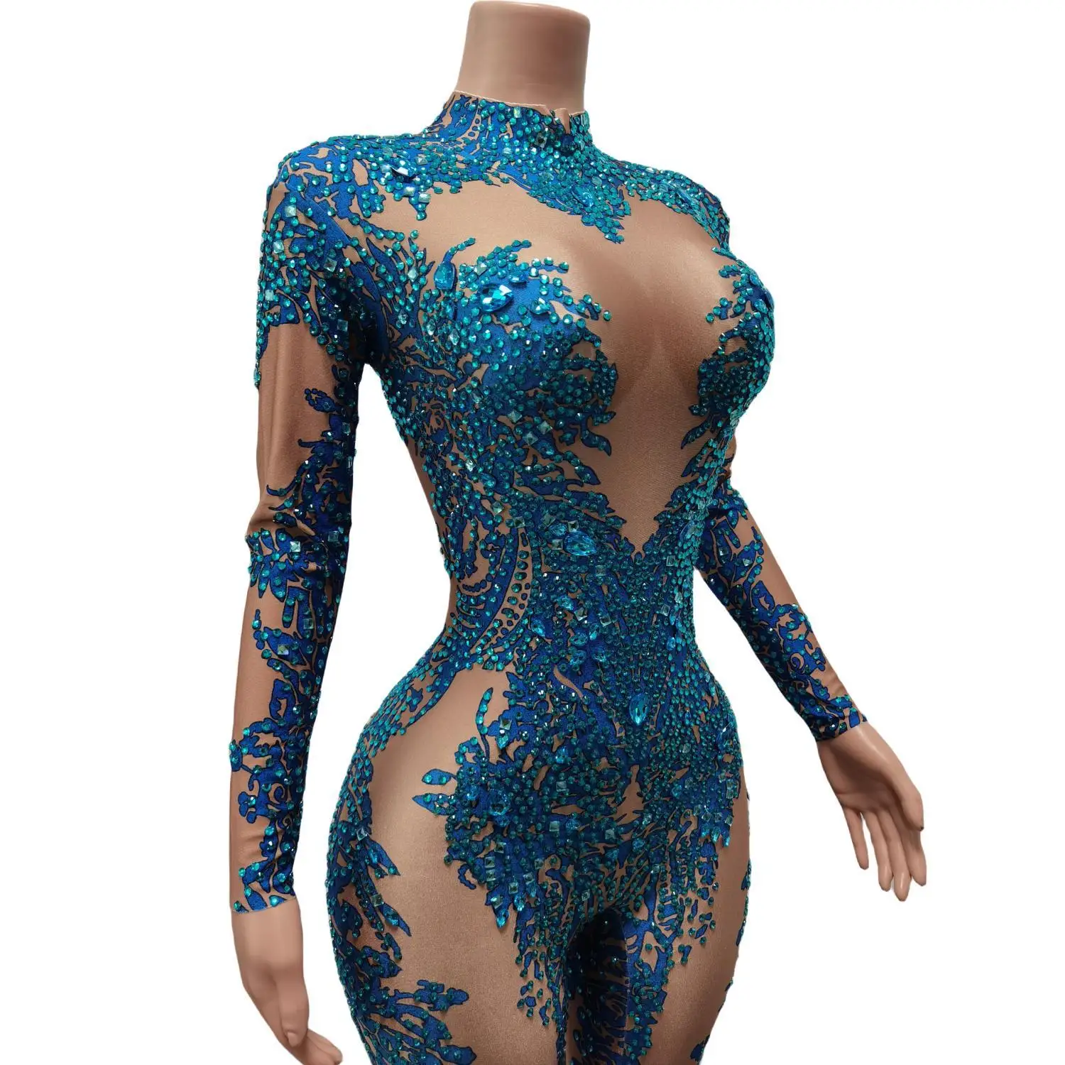 Модные синие эластичные боди с кристаллами сексуальное трико для танцев на шесте