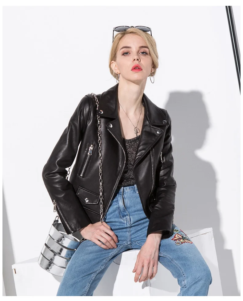

Leather jacket,Spring Genuine Leather Jacket Women Fashion Real Sheepskin Coat Rivet Motorcycle Jacket Female Sheep Leather2023