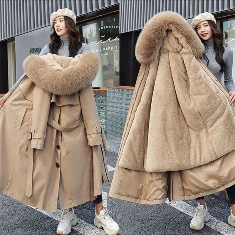 2022 New Winter Jacket Women's Parkas Thick Warm Fur Lining Long Parka Female Hooded Fleece Padded Coat Distachable Outwear