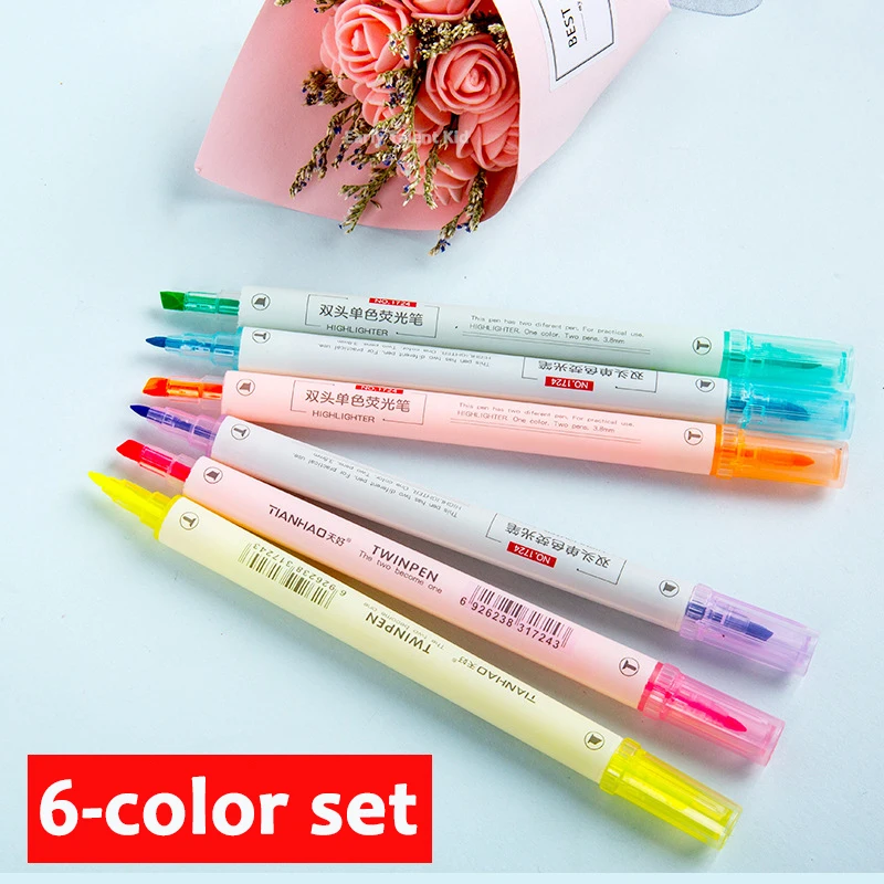 

6Pcs Double Headed Colorful Fluorescent Pen for Students Diy Hand Ledger Pen Pvc Bag 6-Color Oblique Head Round Head Marking Pen